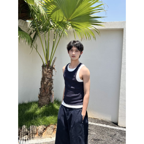 乜Q時髦復古曡穿撞色簡約真兩件汗背心男女純色百搭休閒健身上衣