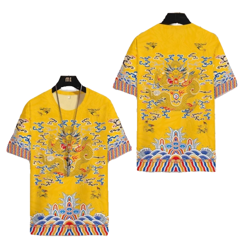 風清朝官服皇帝黃馬褂龍袍衣服古裝男士夏3d短袖T恤大碼背心