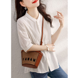 九月陌墨氣質減齡襯衫2024夏季新款百搭肌理上衣顯瘦五分袖女襯衣