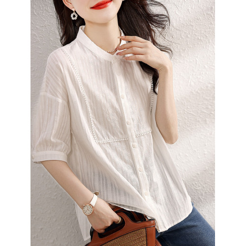 九月陌墨氣質減齡襯衫2024夏季新款百搭肌理上衣顯瘦五分袖女襯衣