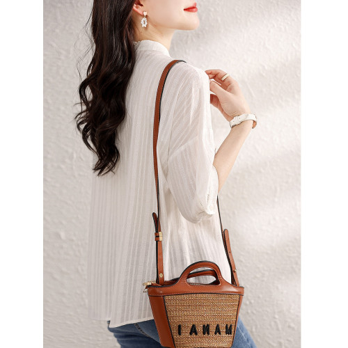 九月陌墨氣質減齡襯衫2024夏季新款百搭肌理上衣顯瘦五分袖女襯衣