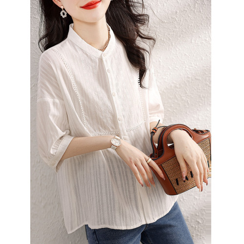 九月陌墨氣質減齡襯衫2024夏季新款百搭肌理上衣顯瘦五分袖女襯衣