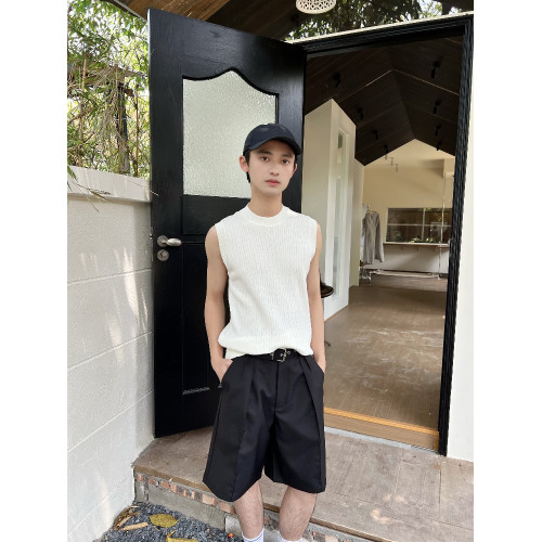 乜Q復古純色紋理老錢風時髦針織背心ins男休閒高級感無袖坎肩上衣