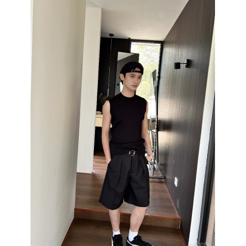 乜Q復古純色紋理老錢風時髦針織背心ins男休閒高級感無袖坎肩上衣