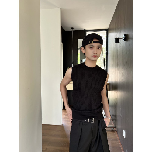 乜Q復古純色紋理老錢風時髦針織背心ins男休閒高級感無袖坎肩上衣