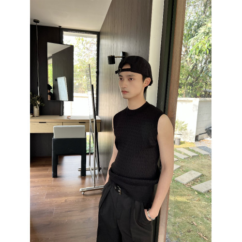 乜Q復古純色紋理老錢風時髦針織背心ins男休閒高級感無袖坎肩上衣
