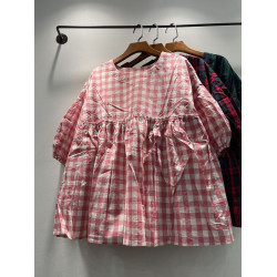 夏季女裝新款韓版格子圓領套頭寬松純棉短袖襯衫女襯衣上衣