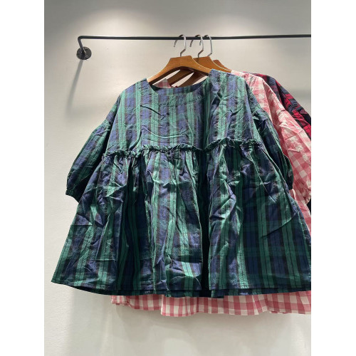 夏季女裝新款韓版格子圓領套頭寬松純棉短袖襯衫女襯衣上衣