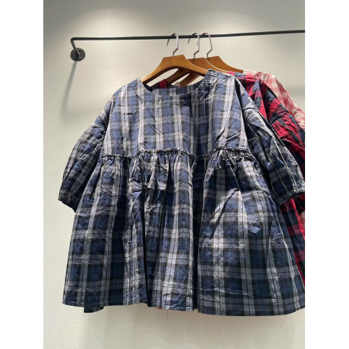 夏季女裝新款韓版格子圓領套頭寬松純棉短袖襯衫女襯衣上衣