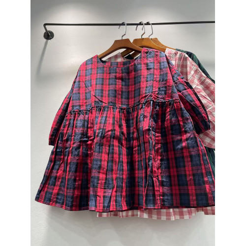 夏季女裝新款韓版格子圓領套頭寬松純棉短袖襯衫女襯衣上衣