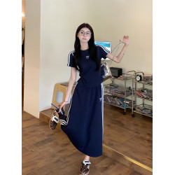 ootd美式運動套裝女夏季藏藍色短袖半身裙學生寬松顯瘦休閒兩件套