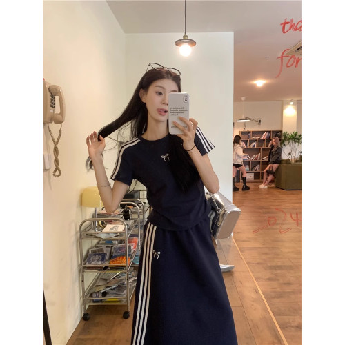 ootd美式運動套裝女夏季藏藍色短袖半身裙學生寬松顯瘦休閒兩件套