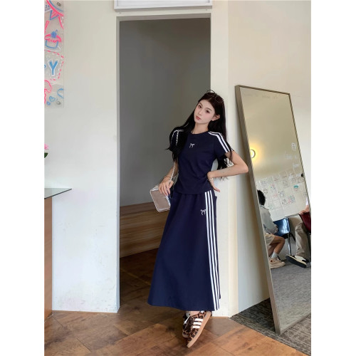 ootd美式運動套裝女夏季藏藍色短袖半身裙學生寬松顯瘦休閒兩件套