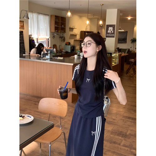 ootd美式運動套裝女夏季藏藍色短袖半身裙學生寬松顯瘦休閒兩件套