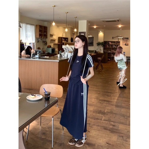 ootd美式運動套裝女夏季藏藍色短袖半身裙學生寬松顯瘦休閒兩件套