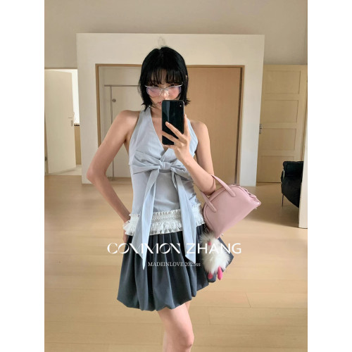 CZ ZHANG夏法式蕾絲邊拼接系帶掛脖修身吊帶衫女露背性感美背小衫