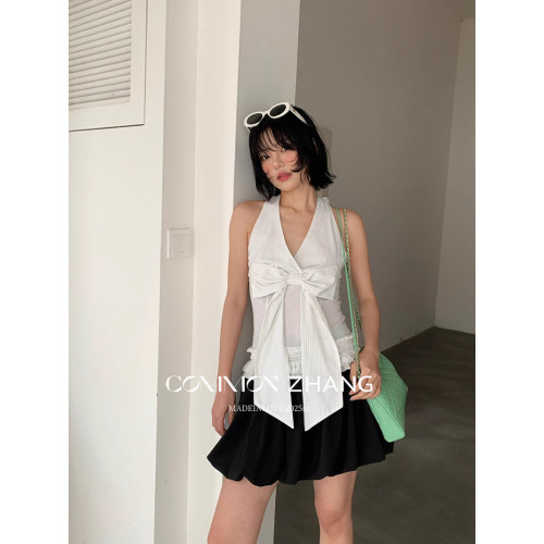 CZ ZHANG夏法式蕾絲邊拼接系帶掛脖修身吊帶衫女露背性感美背小衫