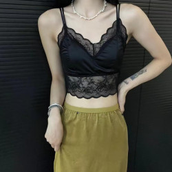 法式緞面蕾絲吊帶衫美背春夏V領顯瘦背心性感固定杯內衣抹胸