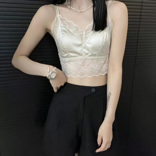 法式緞面蕾絲吊帶衫美背春夏V領顯瘦背心性感固定杯內衣抹胸