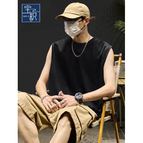 寶積 美式背心男生外穿痞帥黑色高級感薄款吸汗運動純棉無袖T恤夏