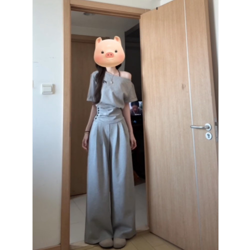 斜肩短袖長褲休閒運動套裝女夏季學生韓版寬松顯瘦時尚洋氣兩件套