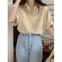 短袖條紋襯衫女2025夏季新款淡黃色polo領小個子少女襯衣正肩上衣