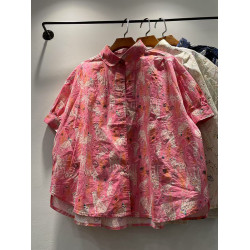 夏季女裝新款韓版彩色貓咪印花純棉短袖襯衫女襯衣上衣