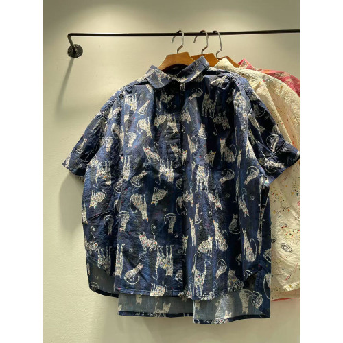 夏季女裝新款韓版彩色貓咪印花純棉短袖襯衫女襯衣上衣