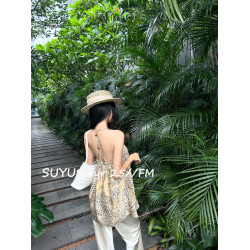 素嶼Soeyr 不規則豹紋串珠吊帶衫天2025夏季天絲醋酸V領上衣辣妹