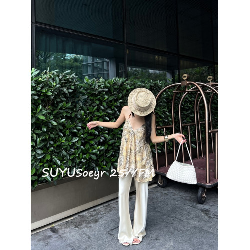 素嶼Soeyr 不規則豹紋串珠吊帶衫天2025夏季天絲醋酸V領上衣辣妹