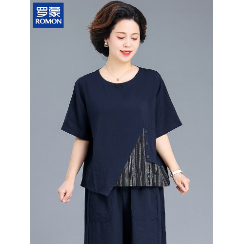 羅矇品牌媽媽夏裝2025新款中老年女裝短袖T恤褲子休閒套裝兩件套