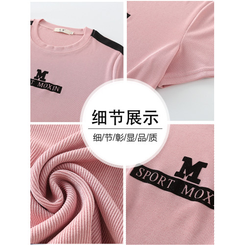 中年女裝運動套裝夏裝新款冰絲媽媽運動服彈力休閒兩件套短袖上衣