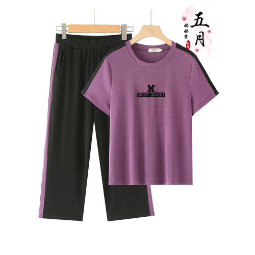 中年女裝運動套裝夏裝新款冰絲媽媽運動服彈力休閒兩件套短袖上衣