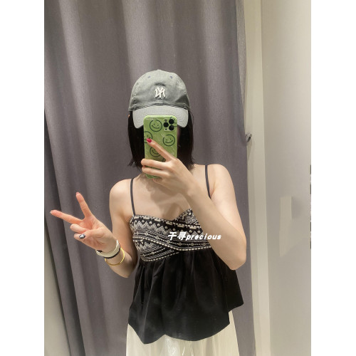 UR&DC黑色無袖吊帶上衣女夏季休閒印花民族風方領刺綉打攬吊帶衫