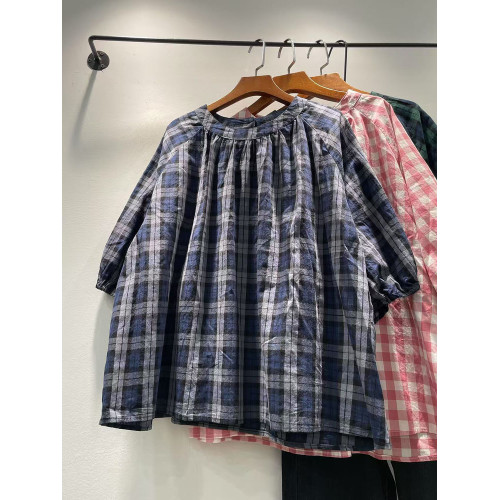 2025夏季女裝新款森女系格子圓領套頭五分袖襯衫女襯衣純棉