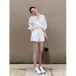 高級感運動套裝女夏季歐貨休閒時尚白色襯衫短褲小香風兩件套襯衣
