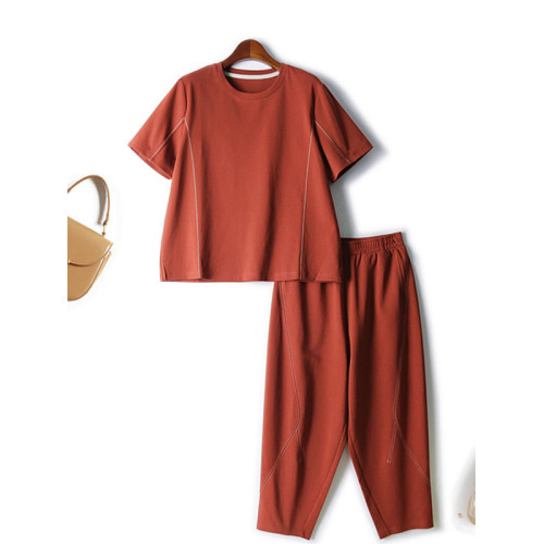 休閒運動套裝明線設計親膚舒適短袖T恤配九分褲顯瘦兩件套女裝夏