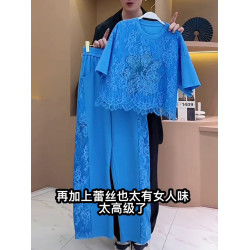 歐貨藍色運動套裝女夏季2025新款時尚洋氣燙鑽蕾絲拼接短袖兩件套