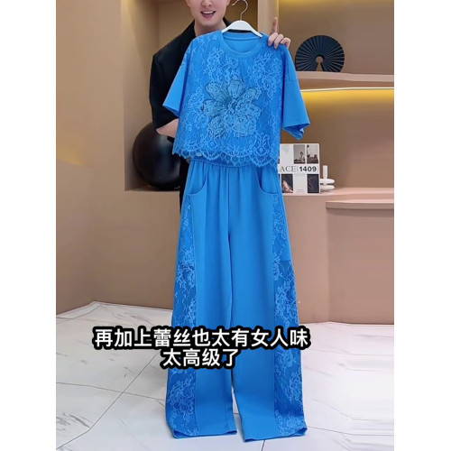 歐貨藍色運動套裝女夏季2025新款時尚洋氣燙鑽蕾絲拼接短袖兩件套