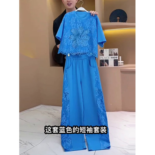 歐貨藍色運動套裝女夏季2025新款時尚洋氣燙鑽蕾絲拼接短袖兩件套