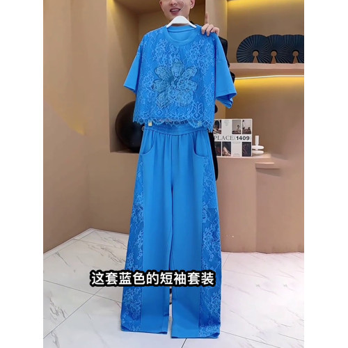 歐貨藍色運動套裝女夏季2025新款時尚洋氣燙鑽蕾絲拼接短袖兩件套
