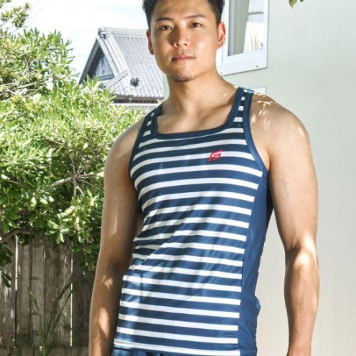 GX3經典男運動速乾高彈背心體能訓練短袖海軍衫藍白條