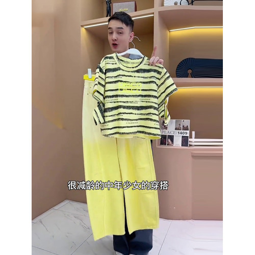 歐貨夏季短袖運動套裝女2025新款時尚洋氣漸變牛仔濶腿褲兩件套潮