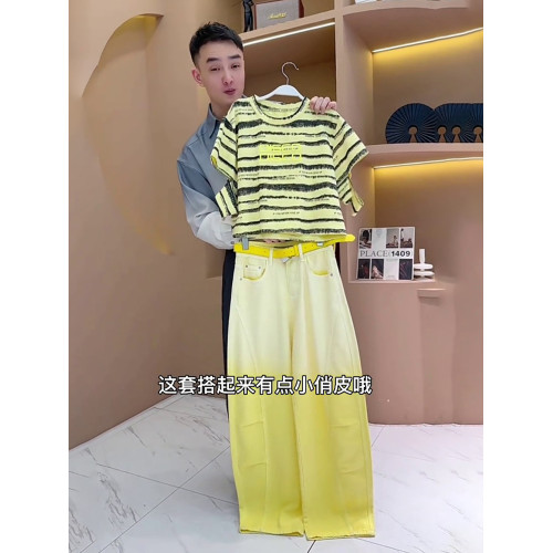 歐貨夏季短袖運動套裝女2025新款時尚洋氣漸變牛仔濶腿褲兩件套潮