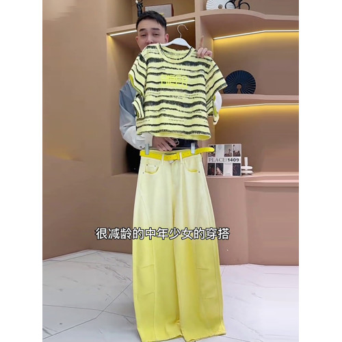 歐貨夏季短袖運動套裝女2025新款時尚洋氣漸變牛仔濶腿褲兩件套潮
