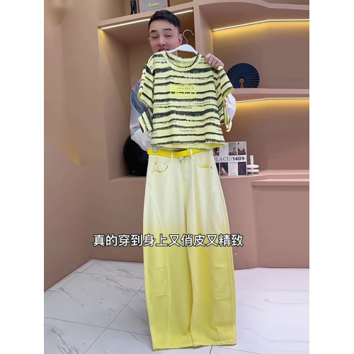 歐貨夏季短袖運動套裝女2025新款時尚洋氣漸變牛仔濶腿褲兩件套潮