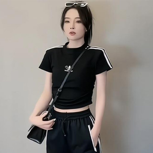 休閒運動套裝女夏季新款潮流時尚簡約短袖上衣直筒濶腿褲兩件套