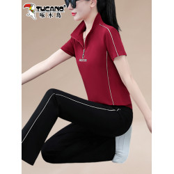 啄木鳥女士冰絲運動服套裝女2025新款夏季洋氣媽媽夏裝短袖休閒服