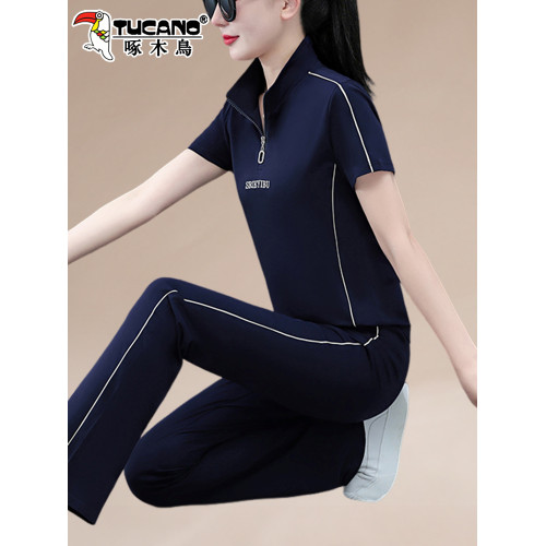 啄木鳥女士冰絲運動服套裝女2025新款夏季洋氣媽媽夏裝短袖休閒服 啄木鳥女士冰絲運動服套裝女2025新款夏季洋氣媽媽夏裝短袖休閒服