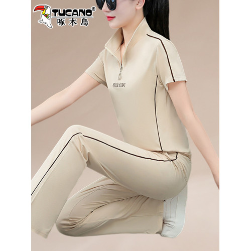 啄木鳥女士冰絲運動服套裝女2025新款夏季洋氣媽媽夏裝短袖休閒服 啄木鳥女士冰絲運動服套裝女2025新款夏季洋氣媽媽夏裝短袖休閒服